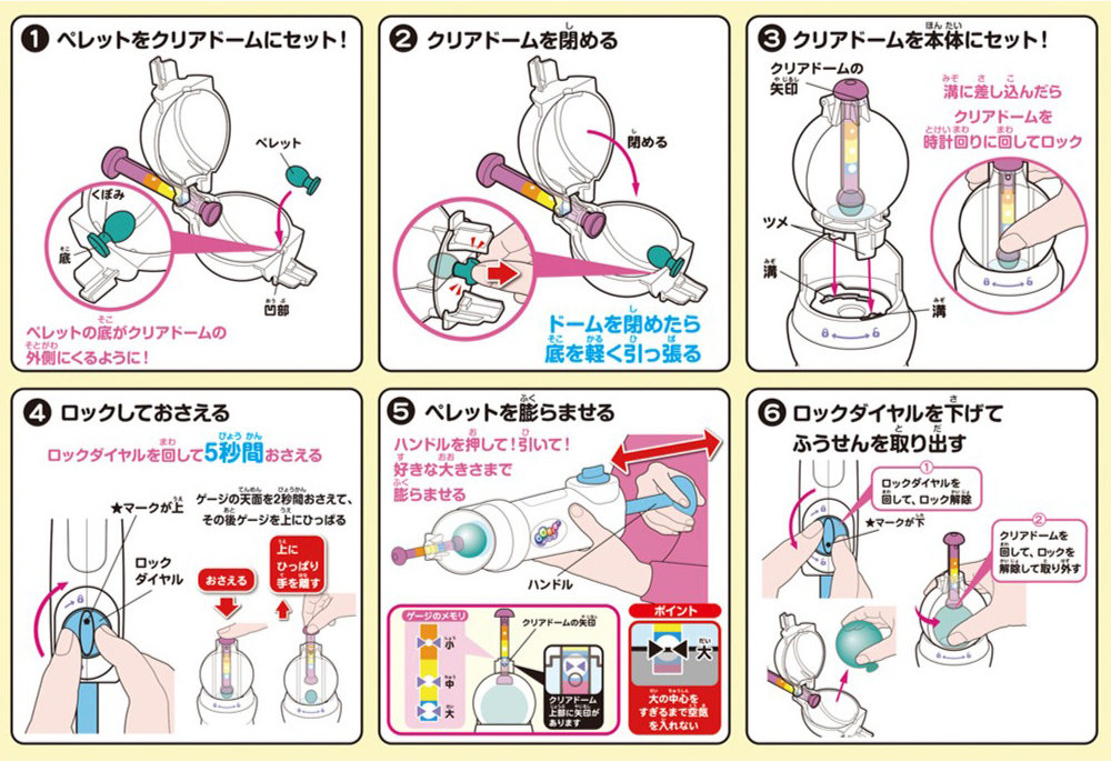 ①ペレットをクリアドームにセット！②クリアドームを閉める③クリアドームを本体にセット！④ロックしておさえる⑤ペレットを膨らませる⑥ロックダイヤルを下げてふうせんを取り出す