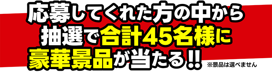 応募してくれた方の中から抽選で合計45名様に豪華景品が当たる!!｜※景品は選べません