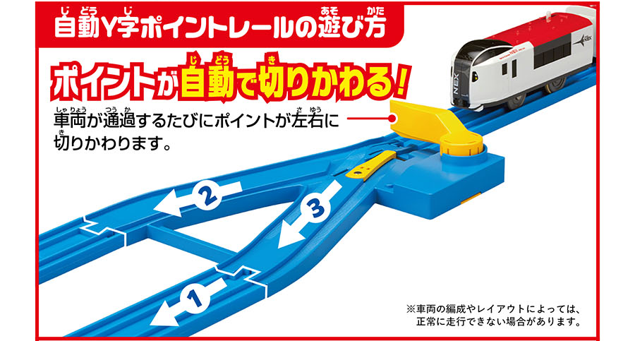 自動Y字ポイントレールの遊び方｜ポイントが自動で切りかわる！｜車両が通過するたびにポイントが左右に切りかわります。｜※車両の編成やレイアウトによっては、正常に走行できない場合があります。