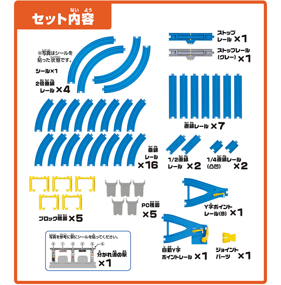 セット内容｜シール×1 ※写真はシールを貼った状態です。｜2倍曲線レール×4｜ストップレール×1｜ストップレール（グレー）×1｜直線レール×7｜曲線レール×16｜1/2直線レール×2｜1/4直線レール（凸凹）×2｜ブロック橋脚×5｜PC橋脚×5｜Y字ポイントレール（B)×1｜自動Y字ポイントレール×1｜ジョイントパーツ×1｜分かれ道の駅×1