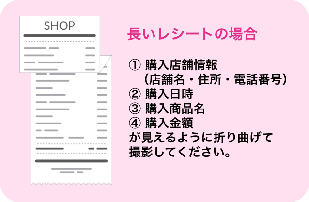 長いレシートの場合 ①購入店舗情報（店舗名・住所・電話番号） ②購入日時 ③購入商品名 ④購入金額 が見えるように折り曲げて撮影してください。