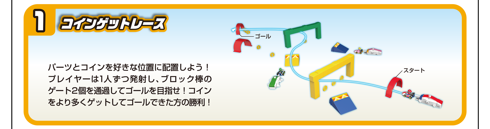 1）コインゲットレース｜パーツとコインを好きな位置に配置しよう！プレイヤーは1人ずつ発射し、ブロック棒のゲート2個を通過してゴールを目指せ！コインをより多くゲットしてゴールできた方の勝利！